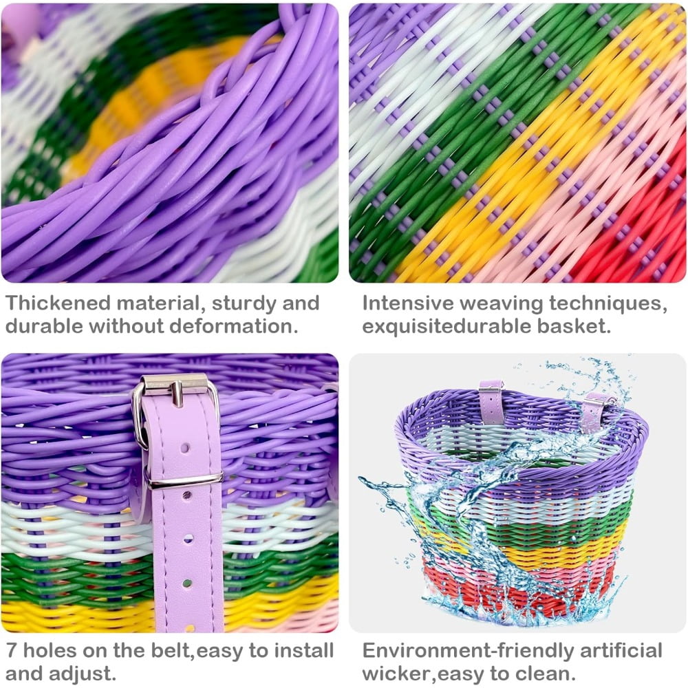 Bike Basket Kids Front,Premium Hand-Woven Rainbow Bicycle Basket,Cute Adults Boys Girls Bike Basket,Tricycle Cruiser Bikes & Folding Bike Basket