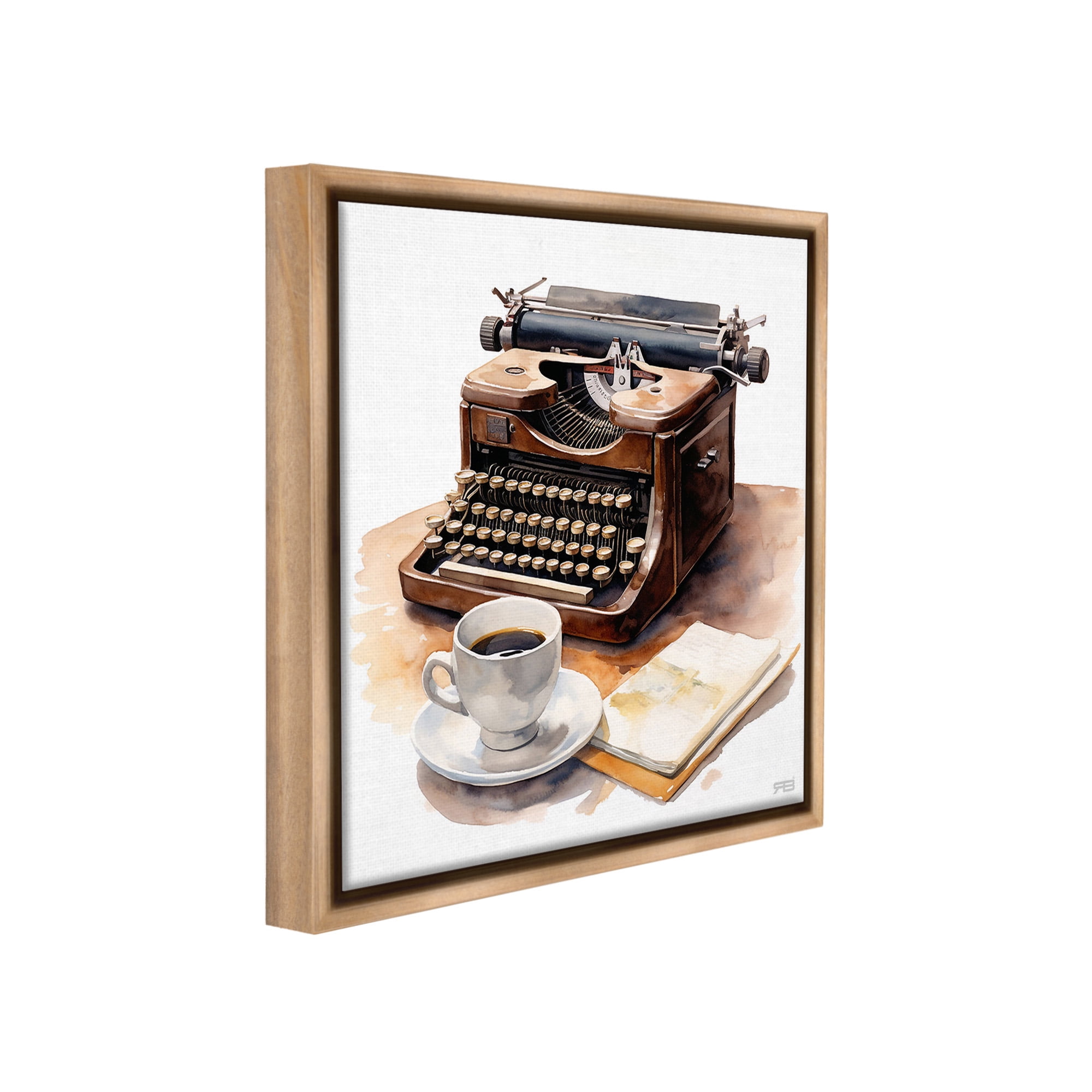 Stupell Industries Typewriter with Coffee Mug Food & Beverage Painting Brown Floater Framed Canvas Art Print Wall Art, 25 x 25