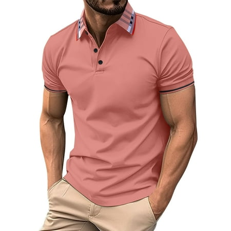 SnnmBlm Men s Casual T Shirt Zipper Button Pullover Tops Patchwork Short Sleeve Blouse Classic Golf Shirt Watermelon Red 2XL