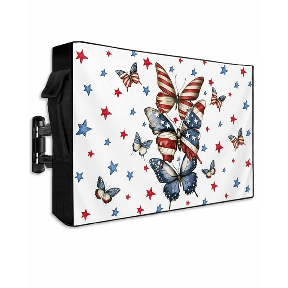 Butterfly 4th of July Outdoor TV Cover 48 to 50 Inch Weatherproof, Independence Day Blue Red Star 600D Oxford TV Covers with Waterproof Zipper, Outside Flat TV Screen Protector Size 48"Wx30"Hx4.5"D