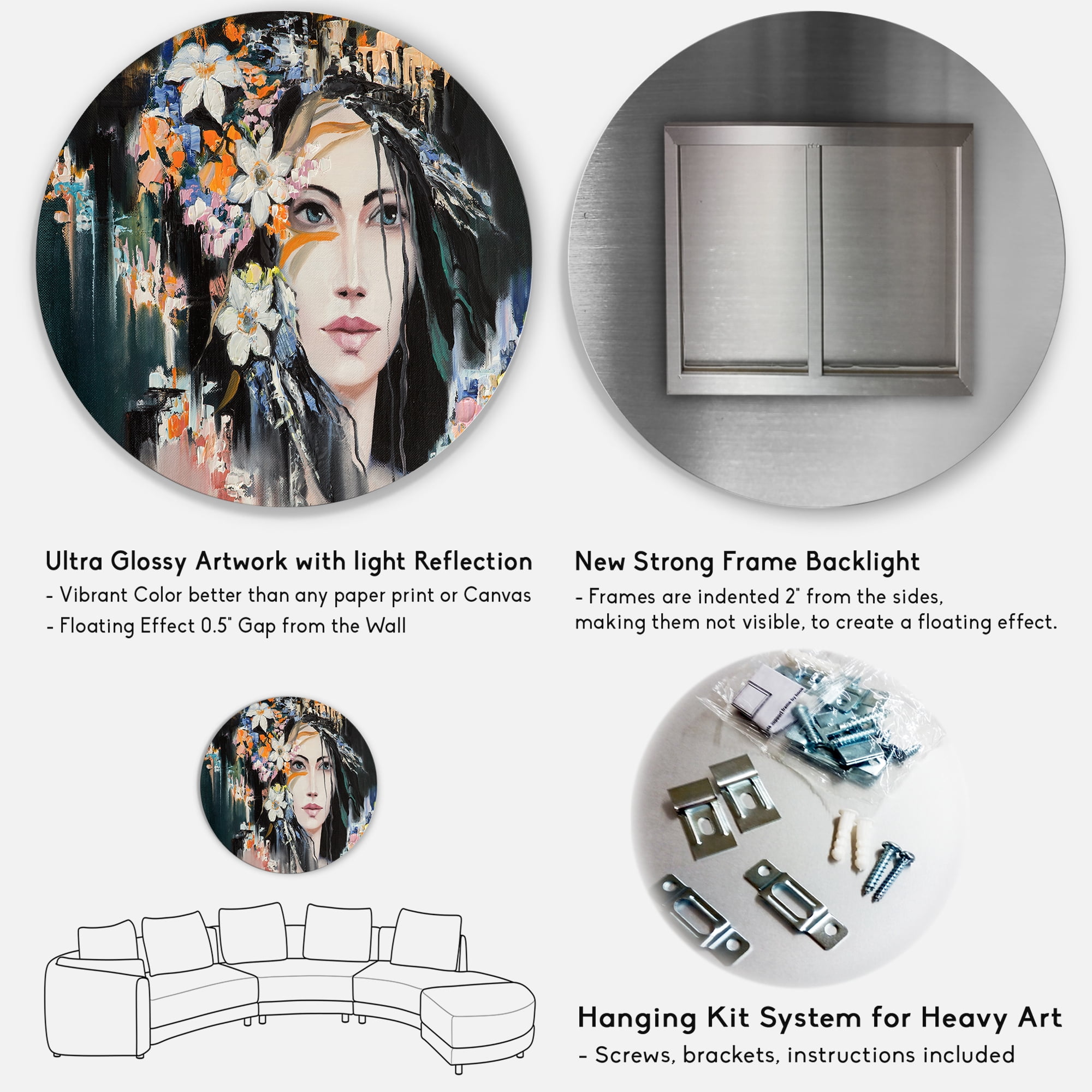 Designart 'Portrait Of A Young Woman With Flowers I' Modern Circle Metal Wall Art 36x36 - Disc of 36