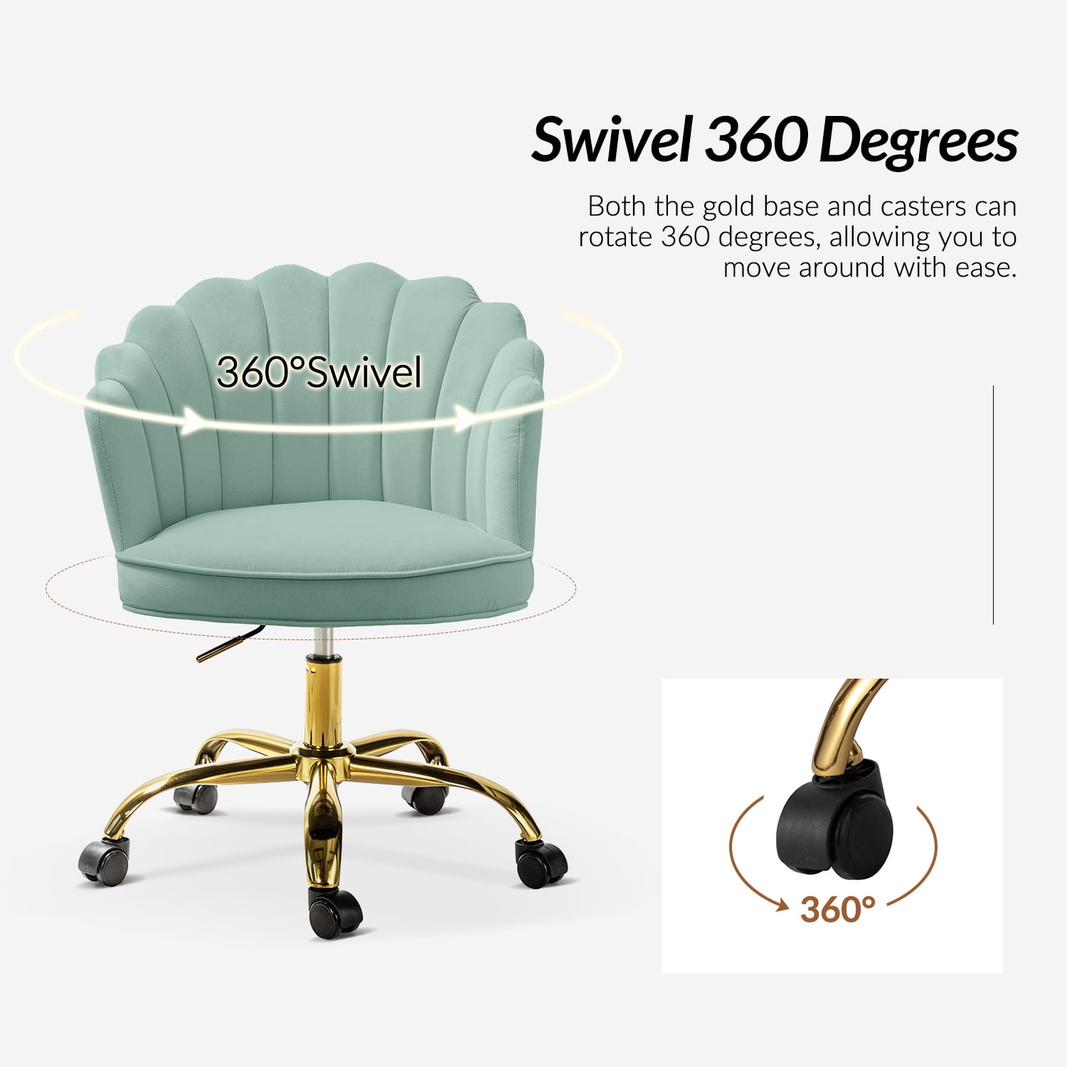 Vanity Makeup Desk Chair Velvet Shell Backrest Home Office Chair Upholstered Swivel Adjustable Gold Metal Base Bedroom Sage