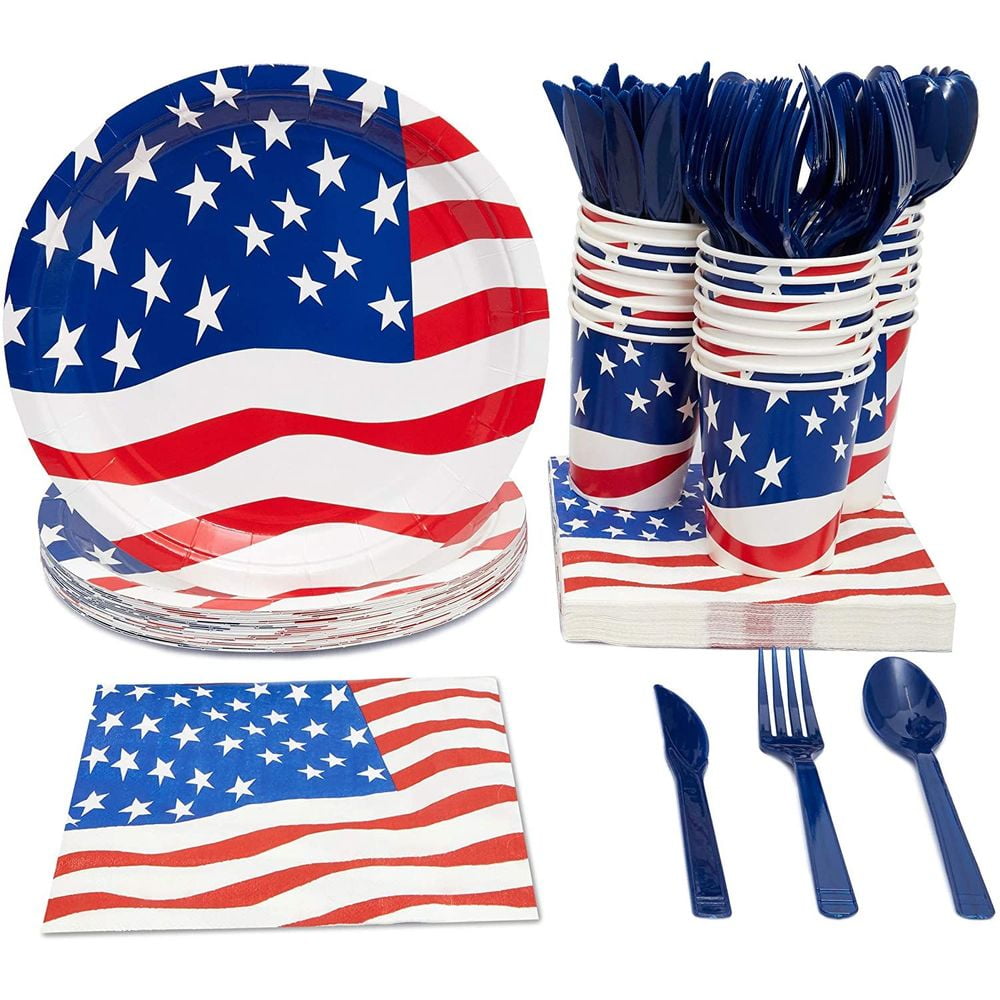 Serves 24 Patriotic Party Supplies with American Flag Paper Plates