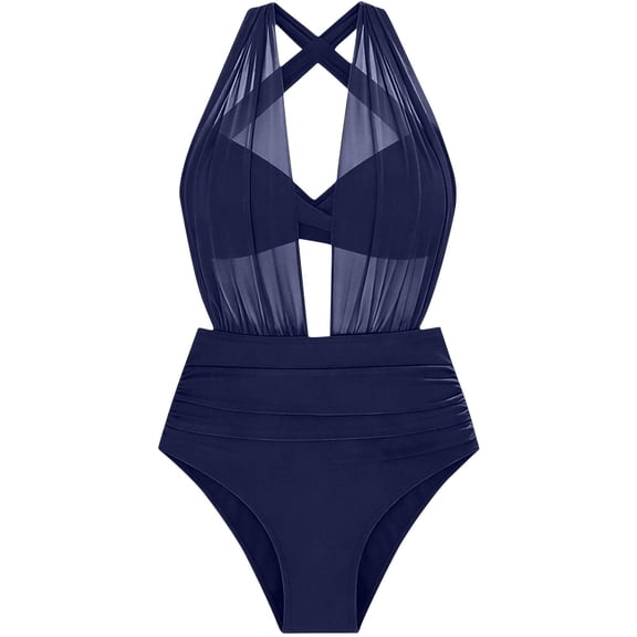 Women's One Piece Swimsuit Mesh Halter Swimwear Trendy High Cut Leg Swimsuits Summer Bathing Suits XS