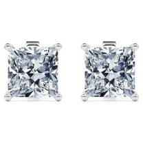 JeenMata 4 Prong - 3 Carat Princess Cut Moissanite - Solitaire Stud Earrings - 18K White Gold Plating Over Silver