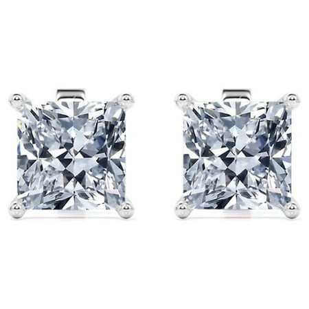 JeenMata 2.5 Carat Princess Cut Moissanite 4 Prong Solitaire Stud Earrings In 18K White Gold Plating Over Silver