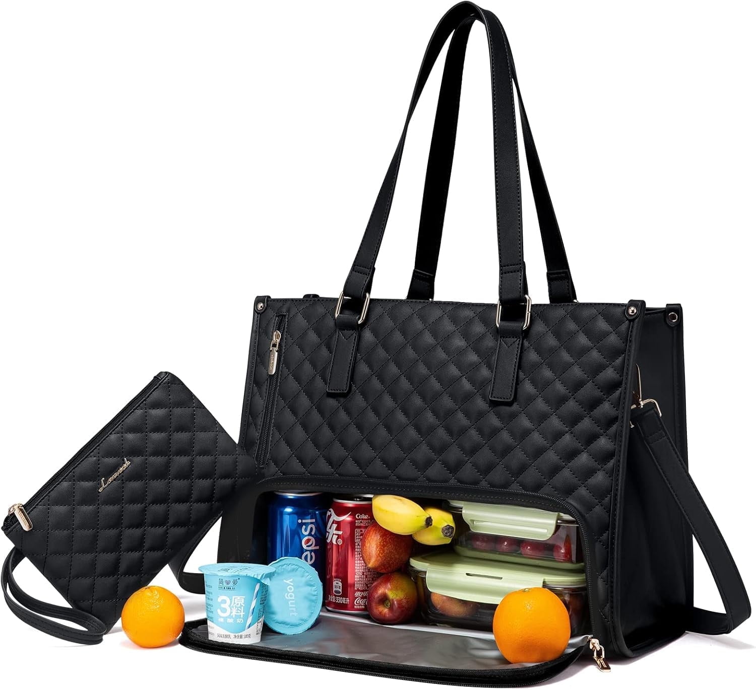 Lovevook Work Tote Bag for Women, Classic Quilted Pu Leather Handbag Purses with 15.6 in Laptop comparment and Insulated Lunch Compartment better for work lunch nurse college picnic drinks casul