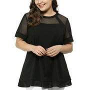 Unique Bargains Women's Plus Size Lace Short Sleeve Swing Mesh Peplum Top