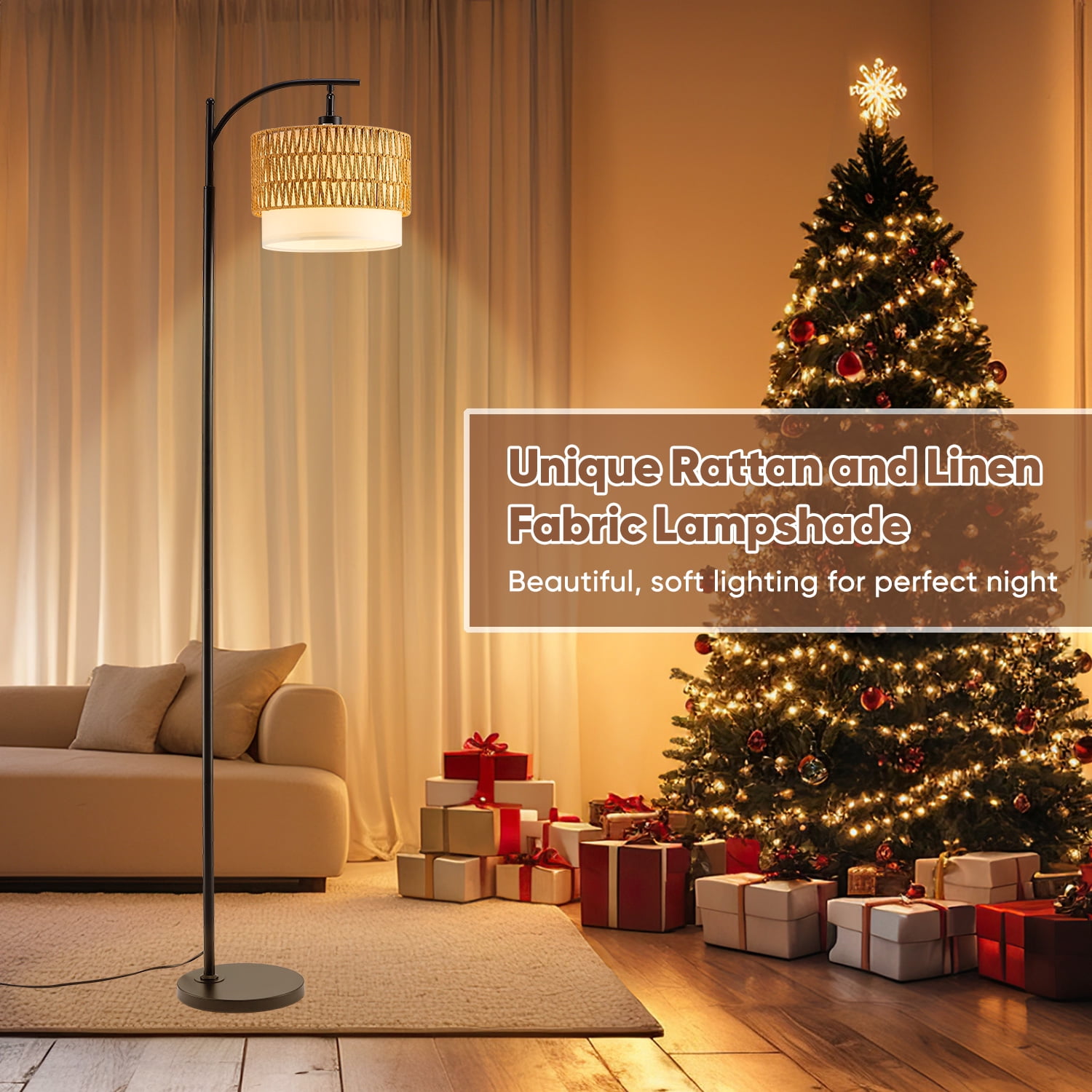 Vesteel Floor Lamp for Living Room, Rattan Standing Lamp with Adjustable Rattan & Fabric Shades, 3 Color Temperatures Boho Farmhouse Floor Lamp for Bedroom