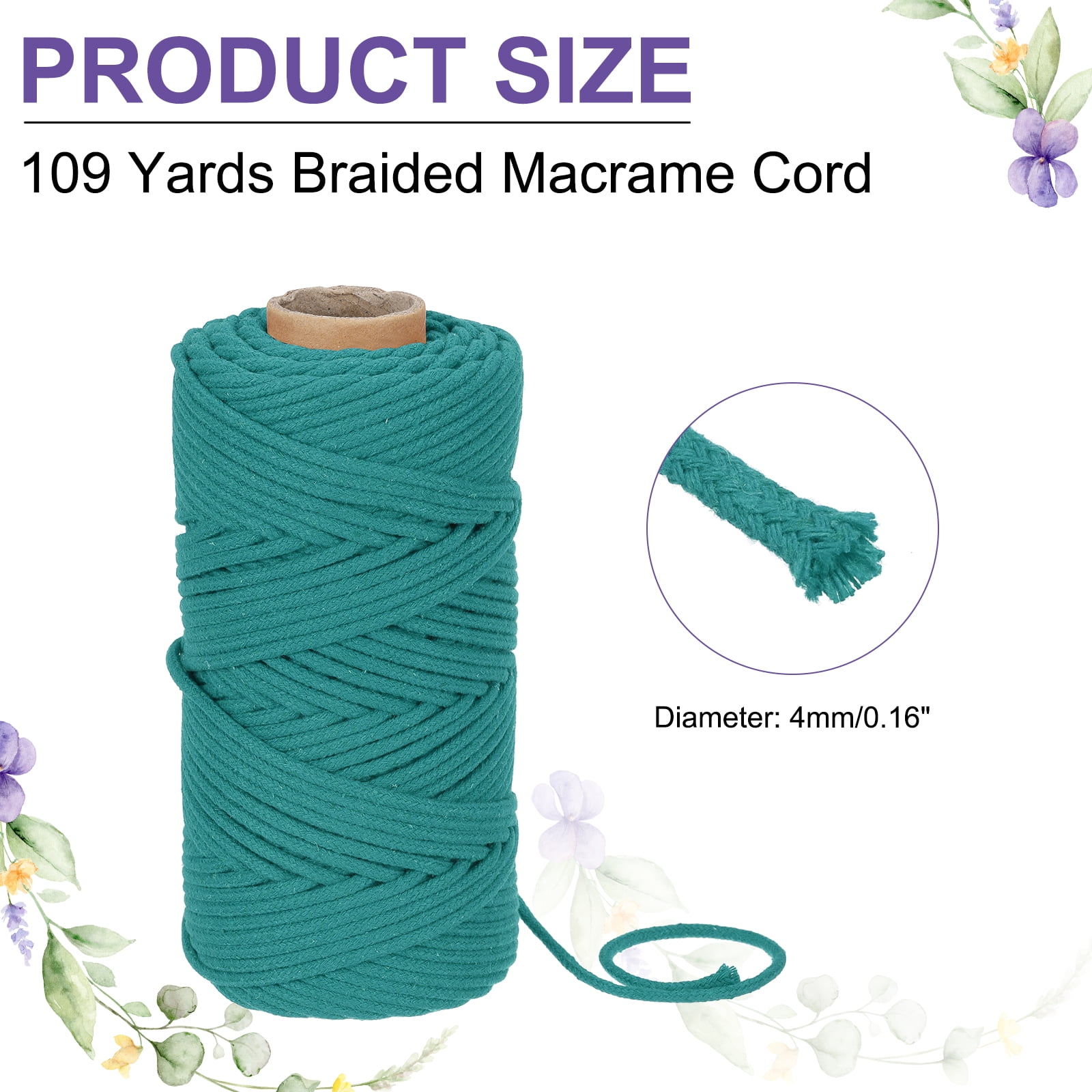 Braided Macrame Cord, 4mm x 109 Yards Natural Cotton Rope Macrame Yarn Bohemia String with Scissors(Turquoise Green)
