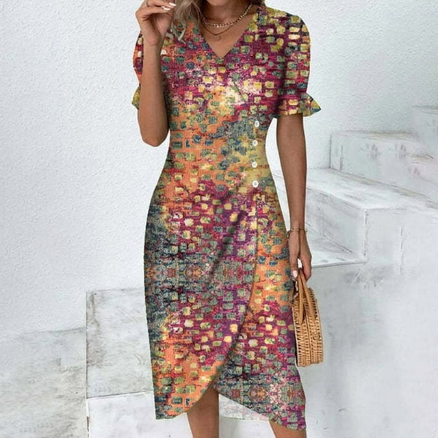Lenago Robes d'Été Grande Taille pour Femmes Robe d'Été Imprimée Florale Ourlet Irrégulier Col en V Manches Courtes Boutons Robes de Plage en Liquidation