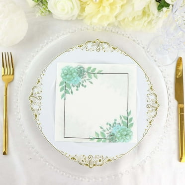 Efavormart 20 Pack | White And Green Floral Design Dinner Paper Napkins, 2 Ply Beverage Napkins, Disposable Party Supplies - 13"X13"