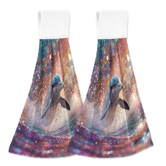BZSMCE Hanging Hand Towels Fashion Celestial Dolphin Splash Pattern 2-Pack - Velcro Style Bathroom Kitchen Towels