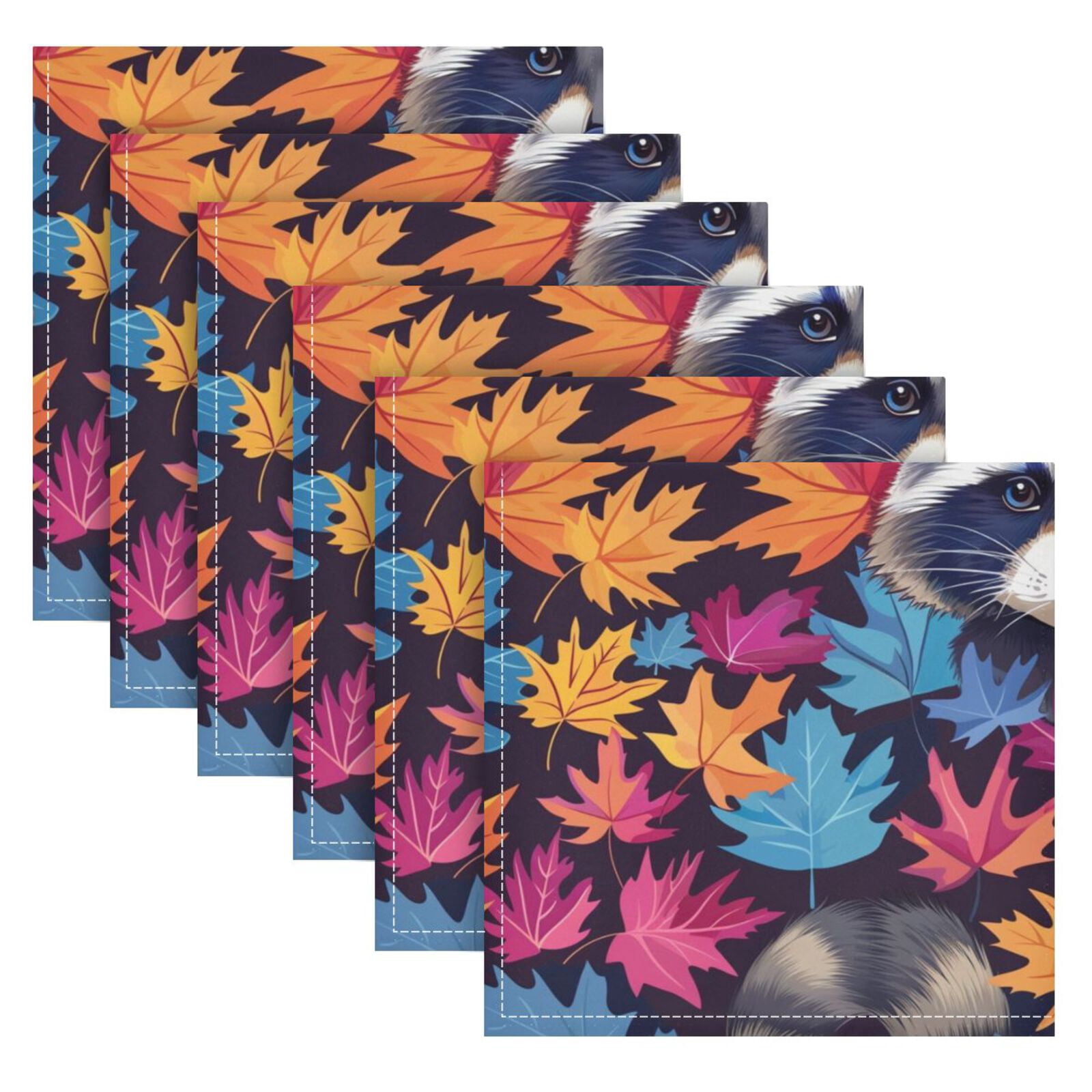 JSTEL Raccoon Maple Leaves Rainbow Color Cloth Napkins Set of 6, 20x20 Inch Washable and Reusable Napkin for Decoupage Dinner Party Everyday Use