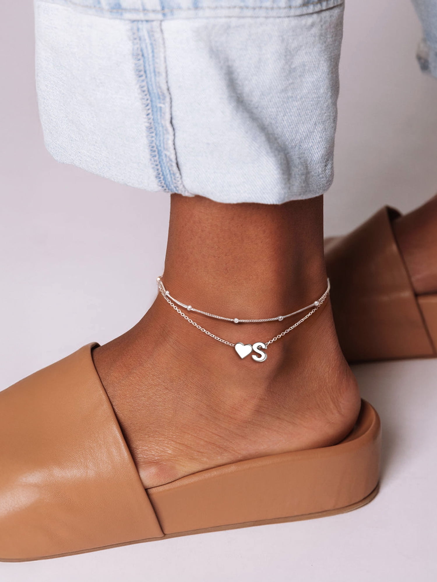 ChicSilver 925 Sterling Silver Initial Anklets for Women, Ankle Bracelets Hypoallergenic, Dainty Layered Heart Anklet With Initials 8.7-10.7 Inch Adjustable