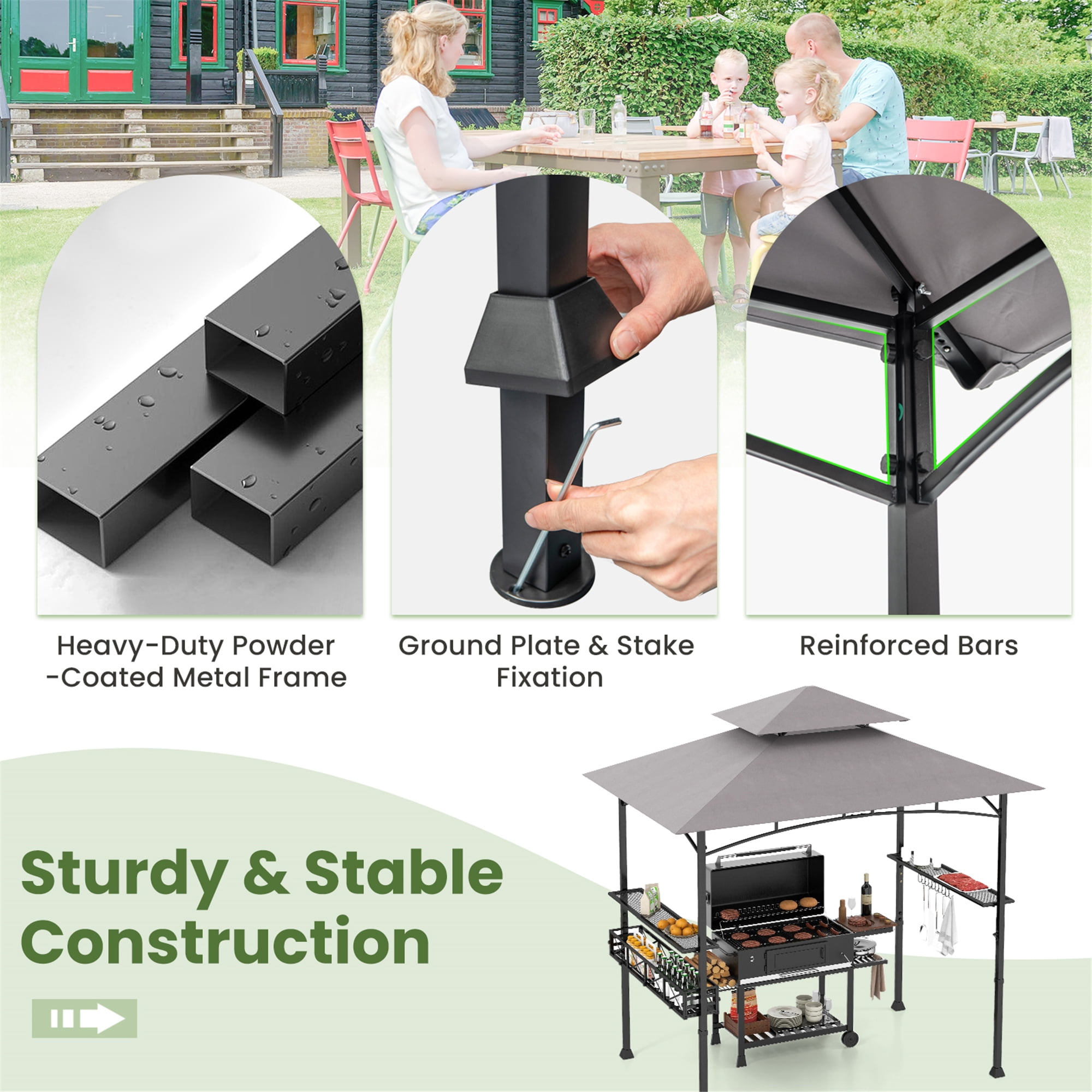 Gymax 8 x 5 FT BBQ Grill Gazebo w/ 2 Side Shelves Storage Basket Hanging Hooks Outdoor