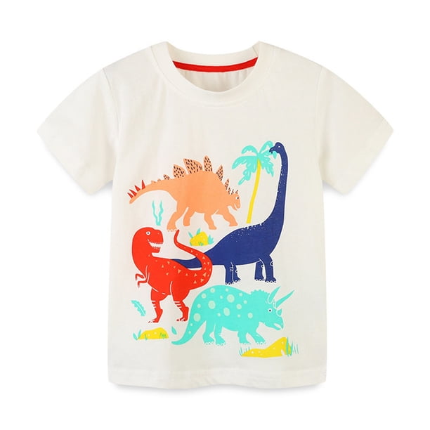Gibobby Blusas De Moda Camiseta de verano para niños con estampado de dinosaurio de dibujos animados, camiseta de manga corta con cuello redondo, informal para salir de 1 a 7(Blanco, 12-18 Meses)