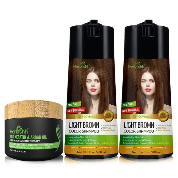Herbishh Hair Color Shampoo for 100% Grey Coverage PPD Free 400 mL – Enriched Color Hair Dye Shampoo Conditioner 3-in-1 Formula – Long Lasting & DIY (Light Brown 2 Pack)