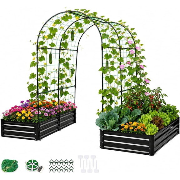3 in 1 Galvanized Raised Garden Bed with Arch Trellis, 2 Pack Metal Planter Boxes for Outdoor Climbing Plants & Vegetables