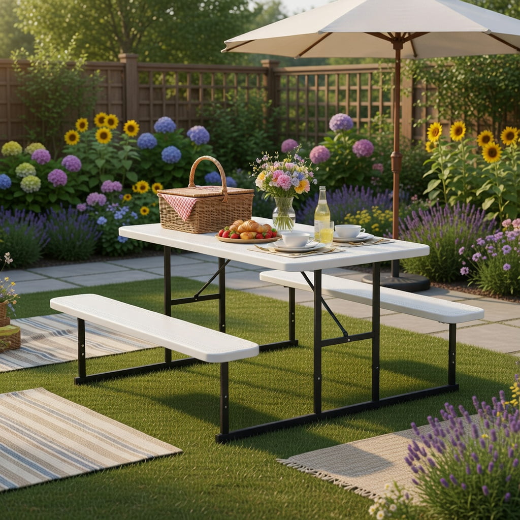 Hommoo Outdoor Picnic Table and Bench Set for 2-4 People, Rectangular HDPE Dining Table with Metal Frame, Weather-Resistant & Easy-Clean Design, White