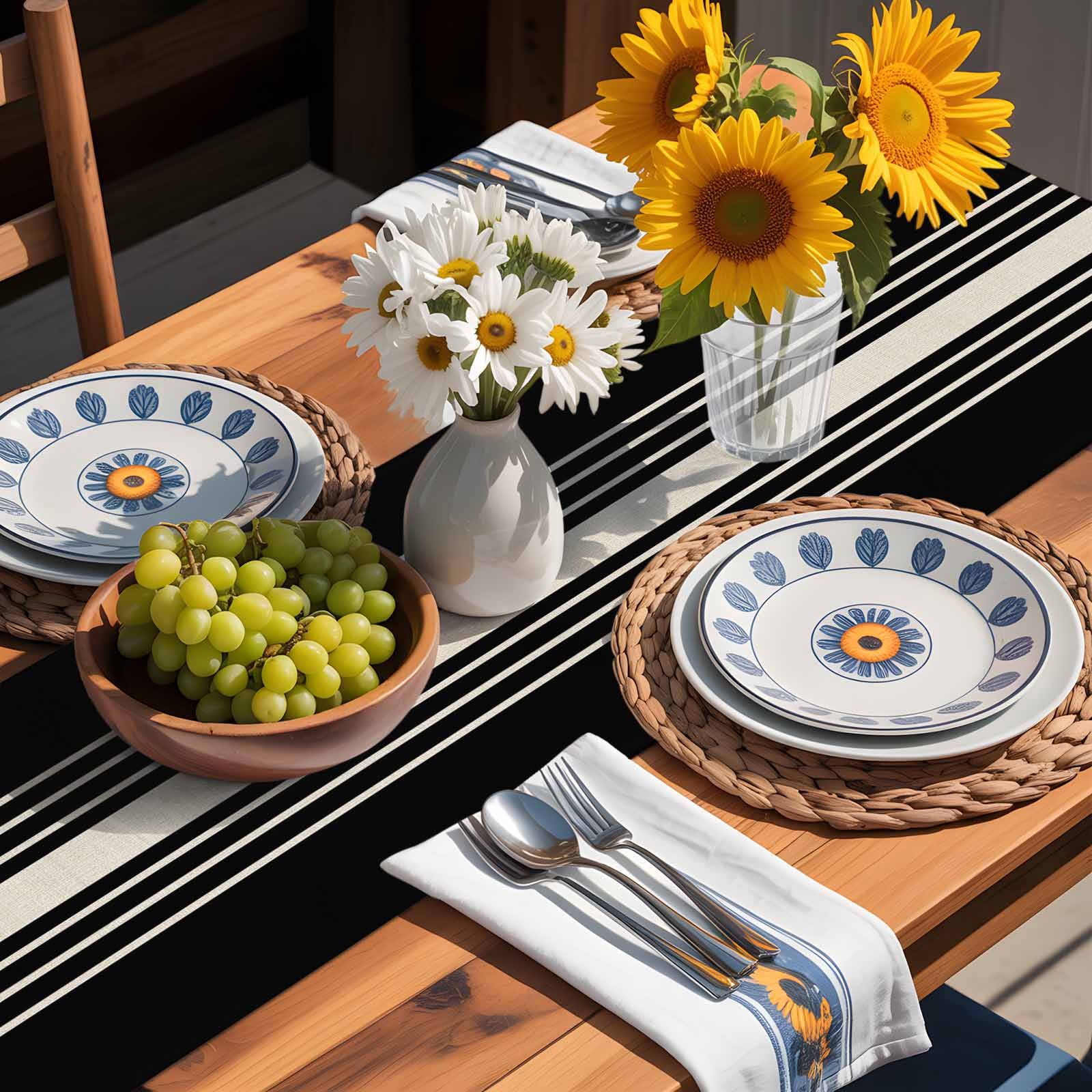 Black Stripe Line Table Runner 90 Inches Long, Retro Linen Table Runners Tabletop Scarf Kitchen Dining Tables Decoration for Home Party Indoor Outdoor