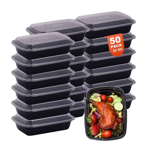 50 Packs Black meal prep containers reusable,food containers with lids,to go container(32 oz)