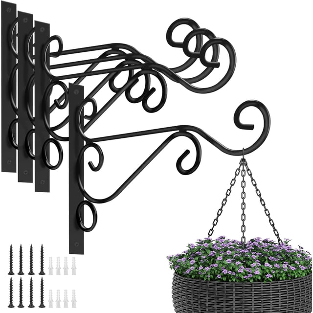 Juego de 4 ganchos de pared de hierro para plantas de exterior: para jardineras, comederos para pájaros, linternas y campanillas de viento, color negro
