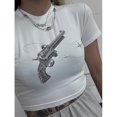 thumbnail image 2 of Camiseta blanca estampada con cuello redondo para compras informales Camiseta de manga corta ajustada de moda para mujer, 2 of 7