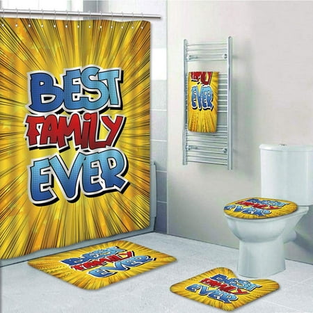PRTAU Family Comic Book Best Family Ever Words on Abstract Cartoon Backdrop 5 Piece Bathroom Set Shower Curtain Bath Towel Bath Rug Contour Mat and Toilet Lid