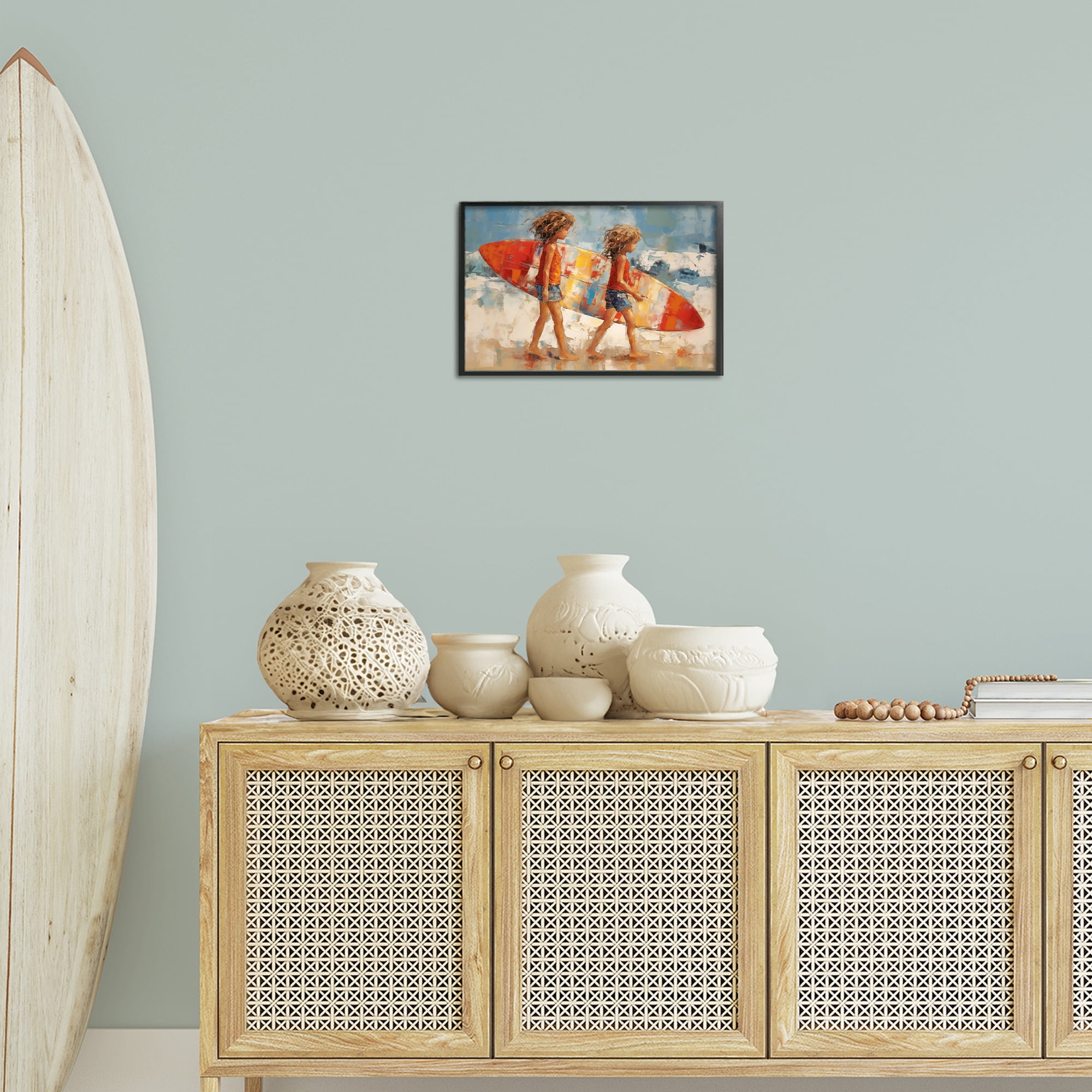 Stupell Industries Kids with Surfboard Sports Painting Black Framed Art Print Wall Art, 18 x 12