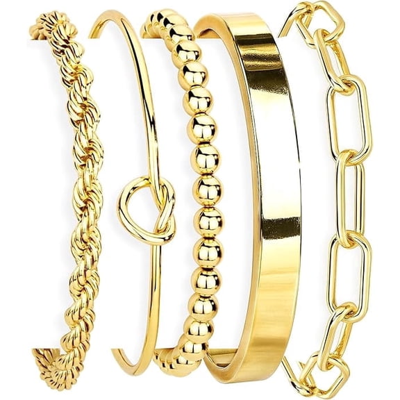 Gold Bracelets Set for Women Non Tarnish, Gold Plated Chunky Cuff Bracelet Stackable Gold Bangles Bracelet for Women Trendy Fashion Accessories Tie Knot Cuban Rope Paperclip Beaded