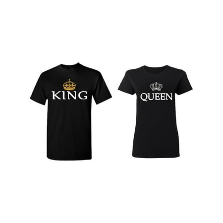 King Queen Crown Couple Matching T-shirt Set Valentines Anniversary Christmas Gift Men XX-Large Women