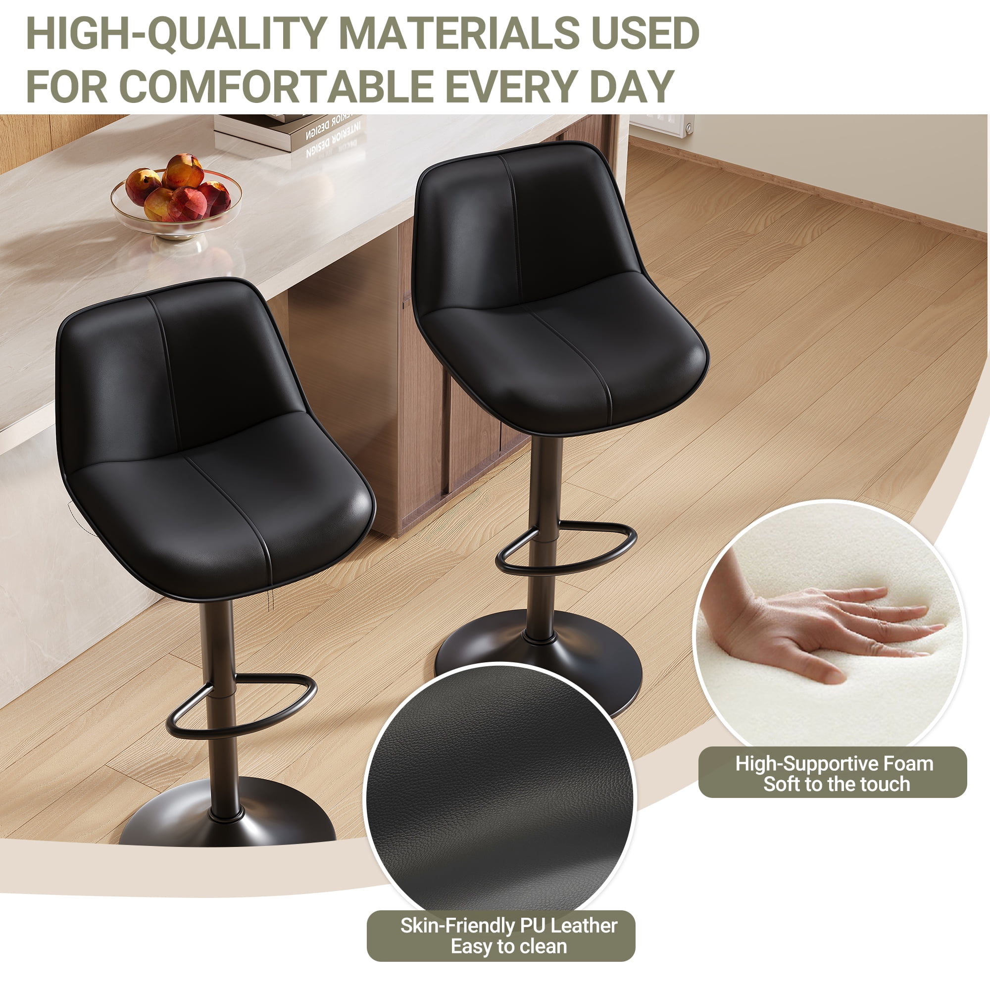 EOP Upholstered Bar Stool Set of 1, Adjustable Swivel Counter Height Bar Chair with Backrest, Modern PU Leather Counter Stool for Bar, Kitchen, Dining Room, Black