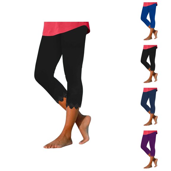 Capri Leggings for Women Summer Casual Elastic High Waisted Hollow out Wave Hem Workout Yoga Cropped Capris Pants