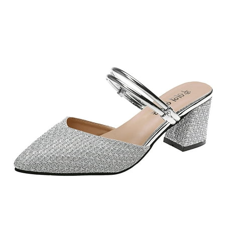 

Dyfzdhu Ladies Fashion Summer Solid Color Sequin Pointed Thick High Heeled Casual Sandals