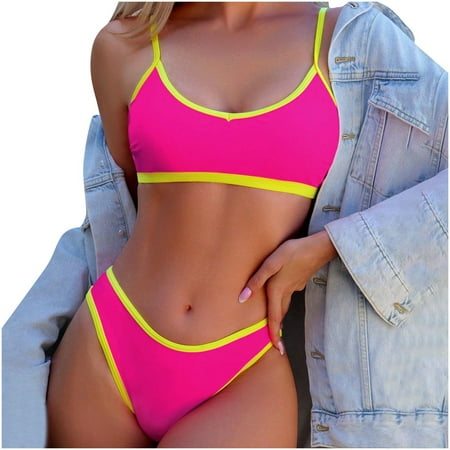 UTSJKR Women High Waisted 2 Piece Bikini Set Cheeky High Cut Bandeau Swimsuit Contrast Binding High Cut Bathing Suit Hot Pink L