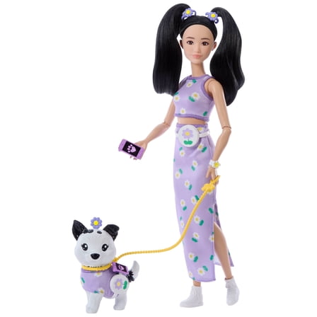 Barbie Twinning Looks Fashion Doll with Pet Dog, Matching Purple Clothes & Accessories, Black Hair