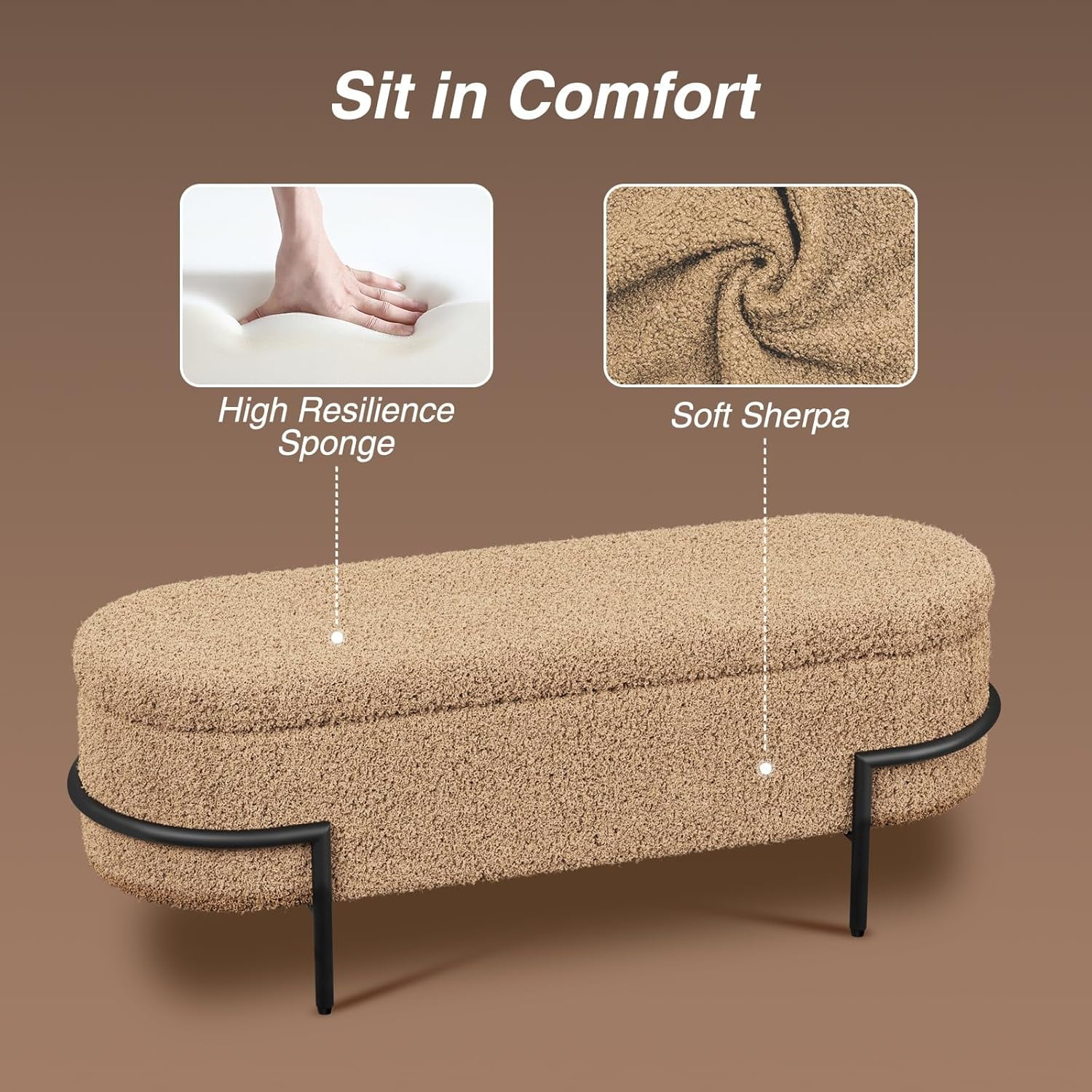 VEANERWOOD Storage Ottoman Bench Bedroom Bench Holds Up To 600lb, 45.3''Sherpa Upholstered Footstool Bench with Metal Legs for Entryway, Living Room Bedroom,