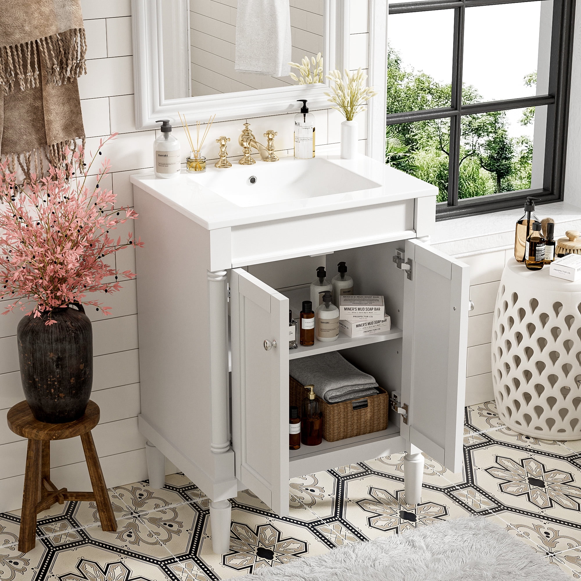 Euroco Modern Bathroom Vanity with Hole Basin, Dual Storage Shelves, and Enclosed Cabinet Design