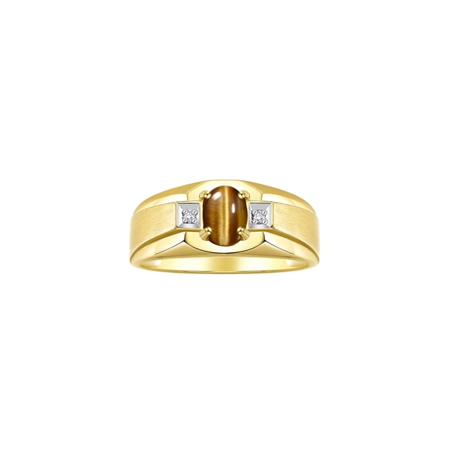 RYLOS Men's Rings 14K Yellow Gold Classic 7X5MM Oval Gemstone & Diamond Ring Tiger Eye November Birthstone Rings For Men, Gold Rings Size 10
