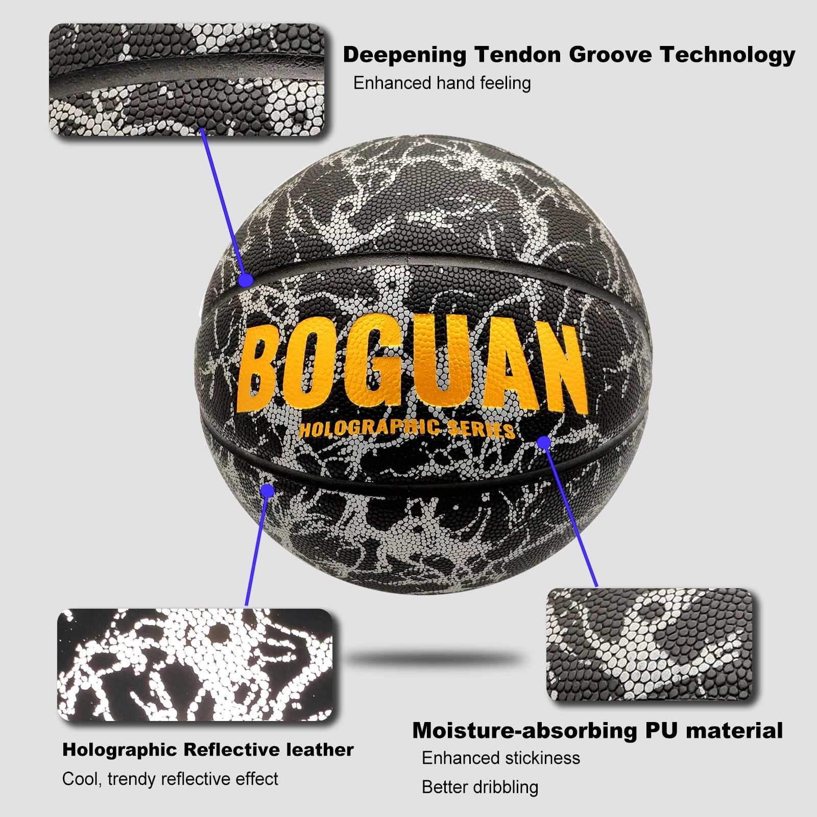 Holographic Basketball Official Youth Size 5 - Extra Pump  - Glow in The Dark Ball - Reflective Glowing PU Leather-Indoor and Outdoor Training Ball-Perfect Gifts for Kids,Boys & Girls