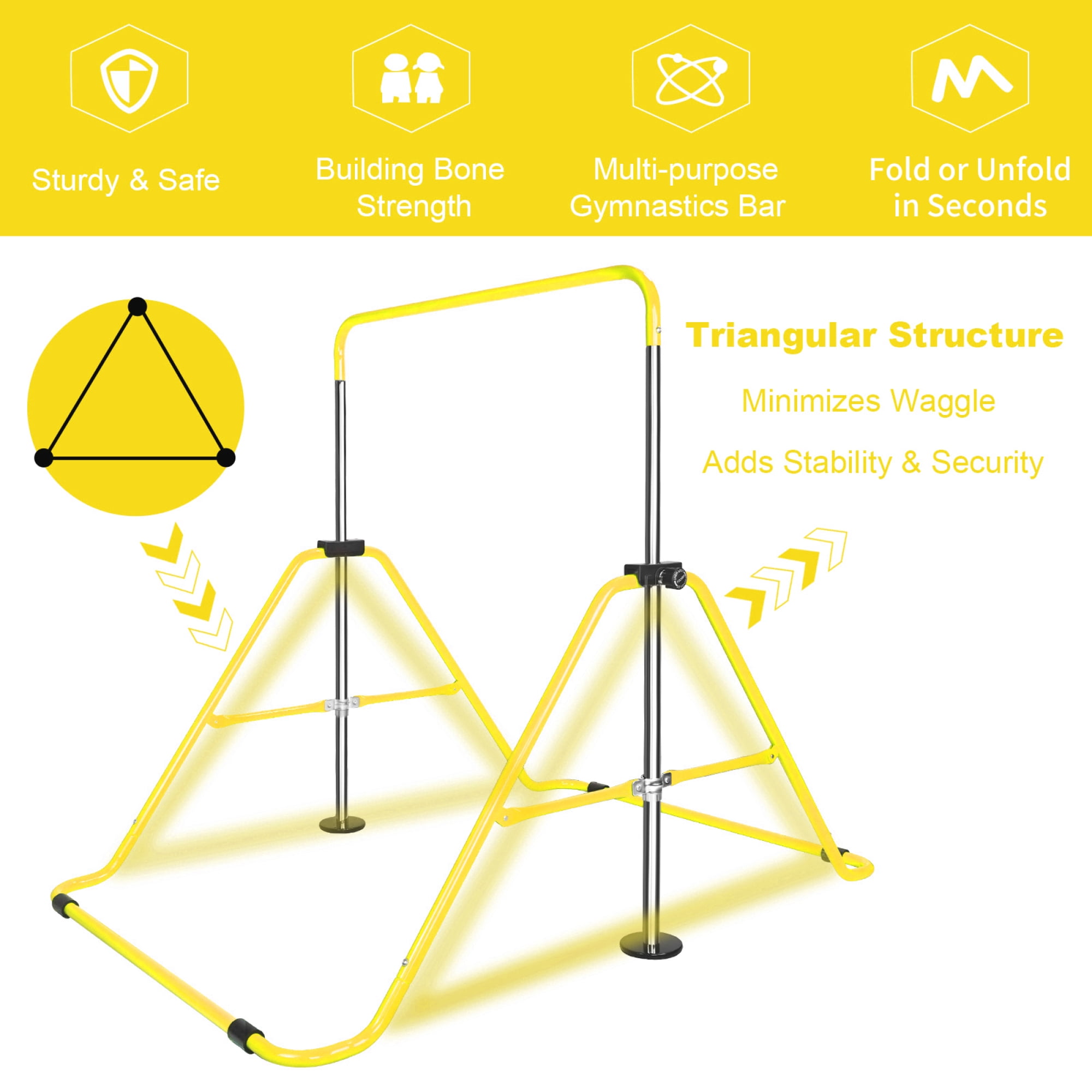 Leumius Gymnastics Bar for Kids,35"-51" Adjustable Height Steel Gymnastic Horizontal Bars with Bear Rings,Gymnastics Equipment for Indoor/Outdoor Training,Yellow
