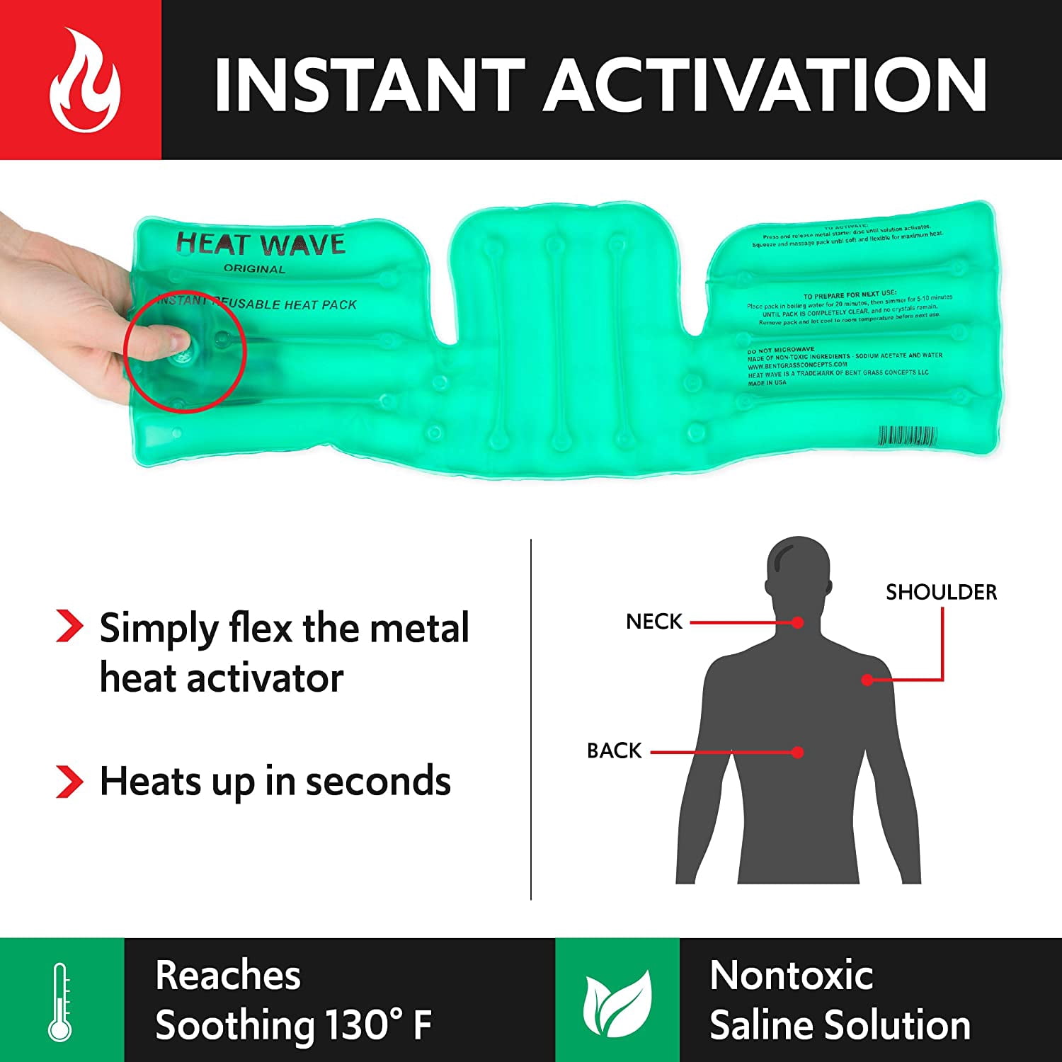Heat Wave Instant Reusable Heat Pack 6"x18" Extra Large Green for Shoulders Back & Neck. Click Heat MADE in USA