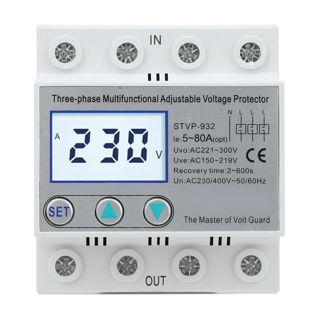 Protector de voltaje ajustable trifásico LCD multifuncional con restablecimiento automático STVP-932 230 V 400 V CA (80 A)