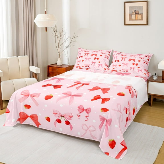 Manfei Kawaii Bowknot Twin Sheet Sets 3pcs for Kids Girls, Cute Strawberry Twin Fitted Sheet, Pink Red Flat Sheet, Super Cozy Room Decor