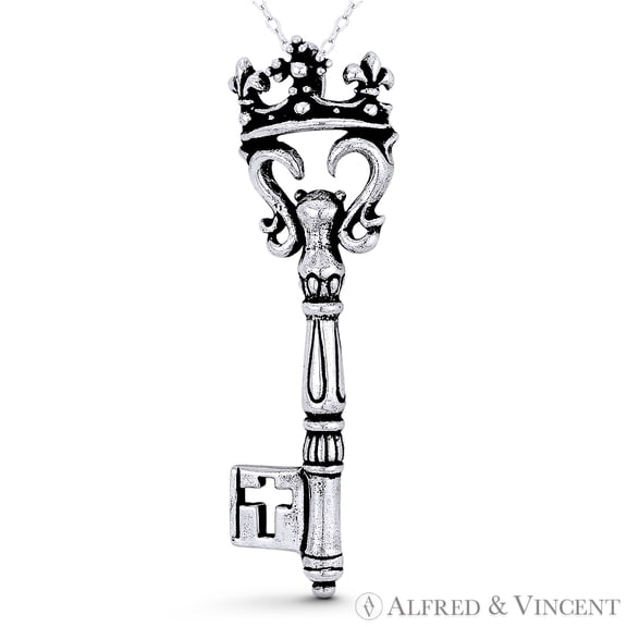 Crown, Fleur-De-Lis, & Cross Skeleton "Key to Heart" Charm 58x17mm (2.3x0.7in) Pendant & Chain Necklace in Oxidized .925 Sterling Silver