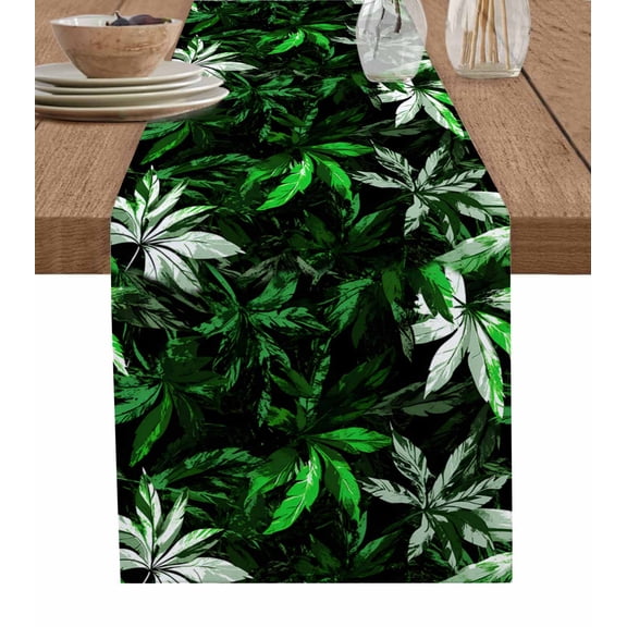 Green Leaves Table Runner 70 Inches, Tropical Plant Monochrome Nature Scenery Bed Runner Dresser Scarves Tabletop for Indoor Outdoor Parties/Ceremony/Banquet, 13" x 70"
