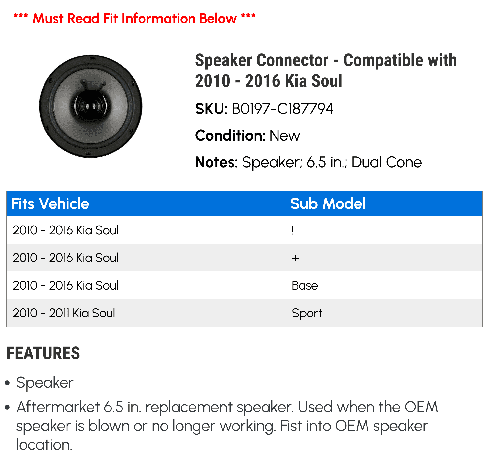 Speaker Connector - Compatible with 2010 - 2016 Kia Soul