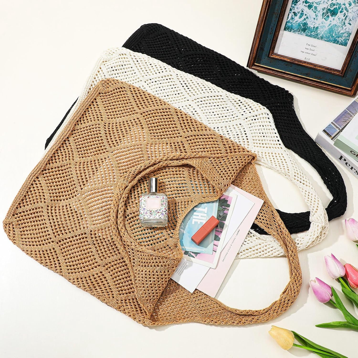 CAILDANL Zonon 3 Pcs Crochet Mesh Beach Tote Bag for Women Summer Hollow Woven Straw Bag Knitted Shoulder Handbags for Boho Aesthetic