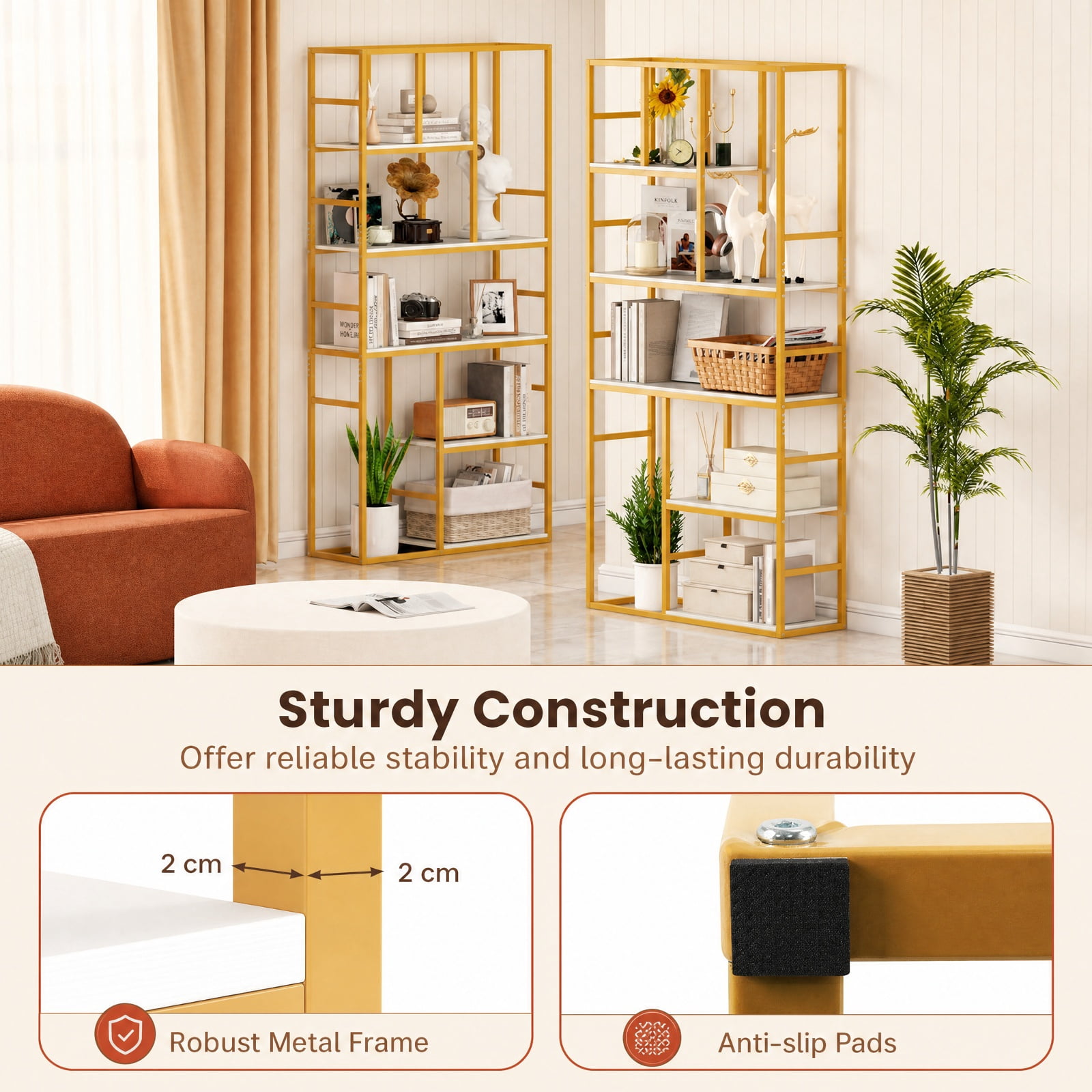 Furnibear 71 Inch Tall Bookshelf Metal Frame 5-Tier Geometric Bookcase-White & Golden for Living Room Home Office Bedroom Display Storage Shelf, White